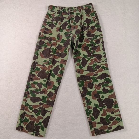 1970s Vietnam Military Pants Mens 30x30 Green Frogskin Camo Talon 42 Zipper - Picture 1 of 13